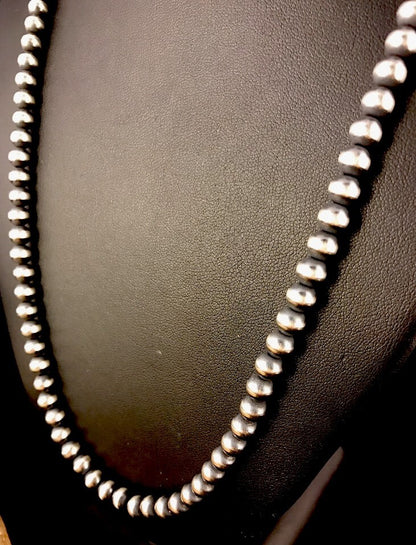Native American 4mm Sterling Silver Navajo Pearls 20" Hook & Eye Cone Necklace