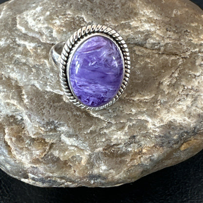 Womens Purple Charoite Navajo Sterling Silver Oval Ring Adjustable Size 9 17247