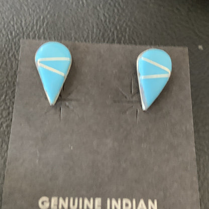 Blue Turquoise Inlay Zuni Sterling Silver Dangle Post Earrings 0.5" 12753