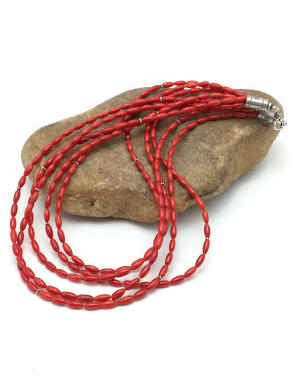 Red Bamboo Coral 5 Strand Navajo Pearls Sterling Silver Necklace 22" 04165