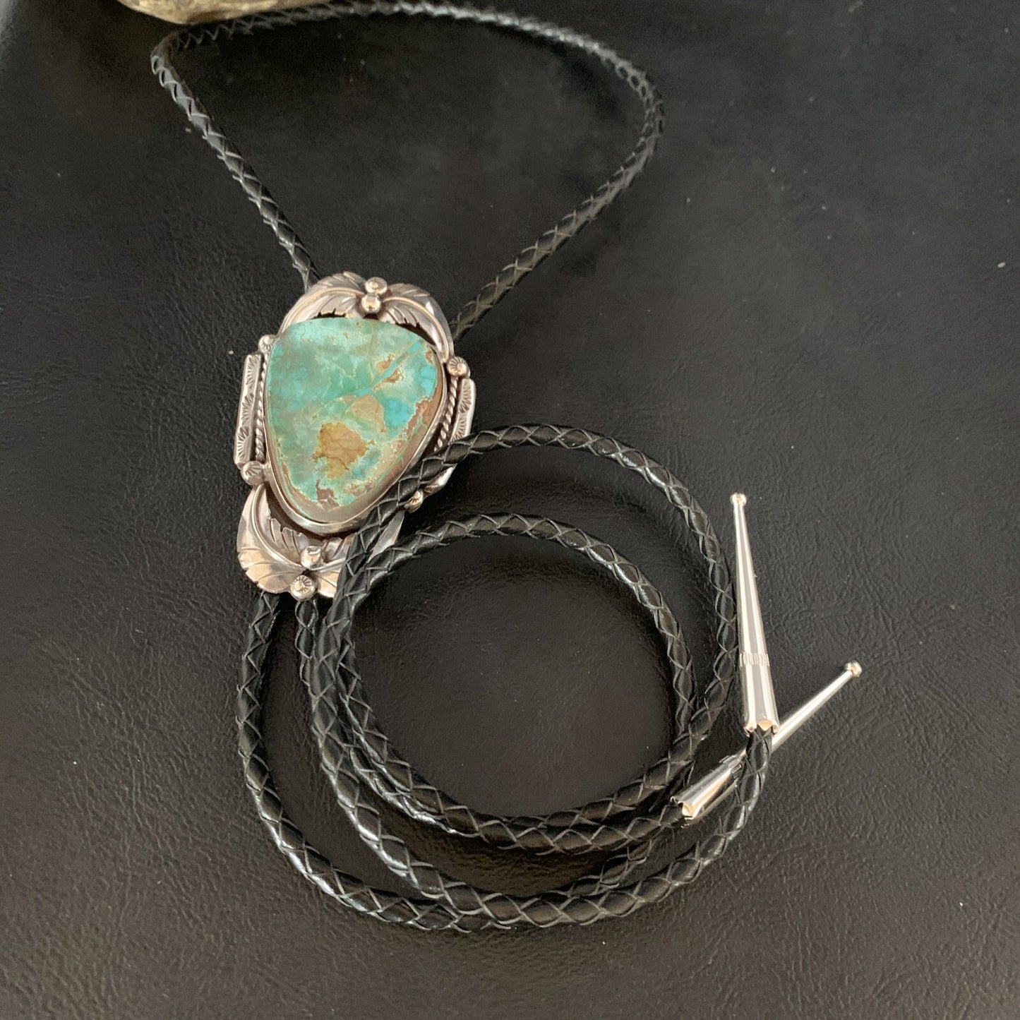 Native Mens Bolo Tie Green Royston Turquoise Sterling Silver Navajo 14108N