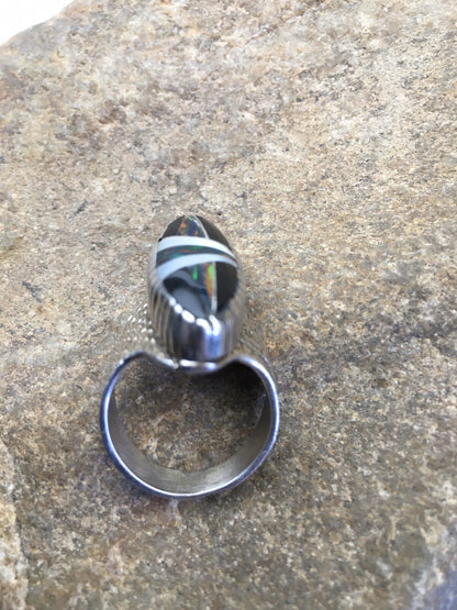 Mens Navajo Multicolor Opal Turquoise Inlay Sterling Silver Ring Size 8 01587N