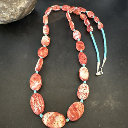 New Red Spiny Oyster Turquoise Heishi Navajo Sterling Silver Necklace 32" 17766