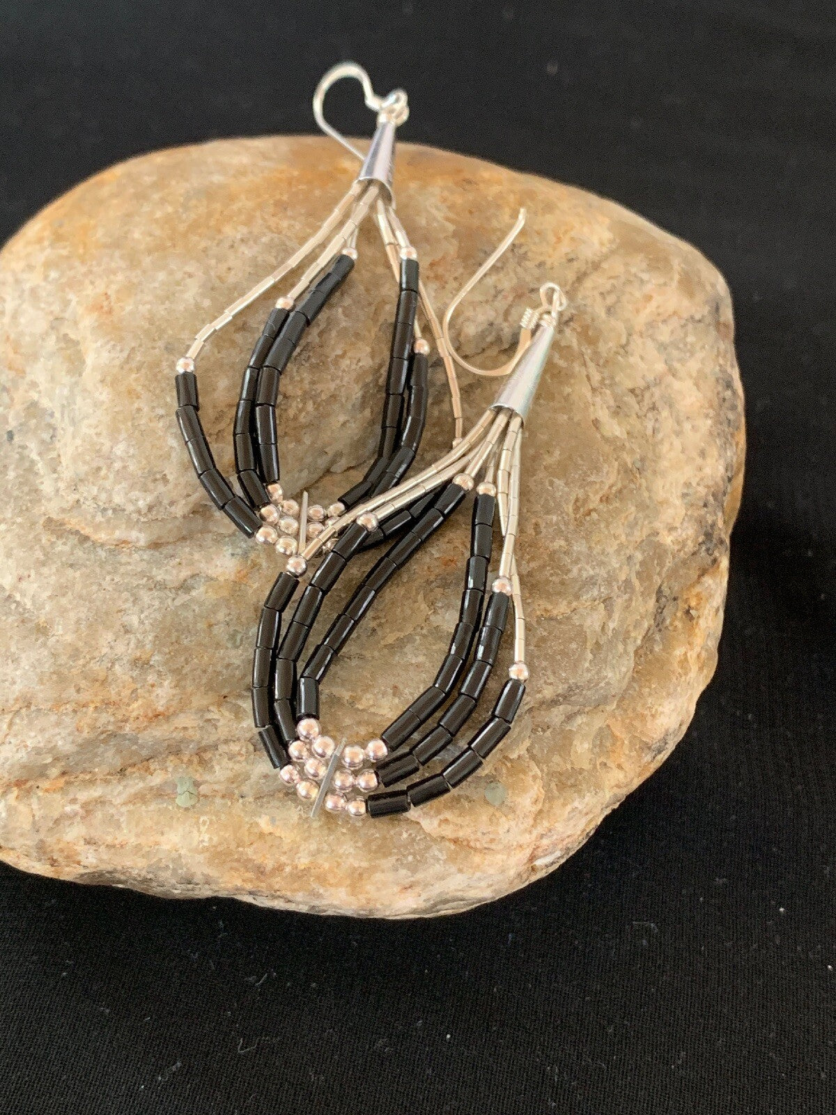 Handmade Native  Sterling Silver Heishi Black Onyx Dangle Earrings 2" 10054