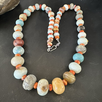 Blue Amazonite Orange Spiny Navajo Sterling Silver Bead Necklace 23” 17831