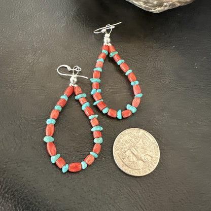 Blue Turquoise Coral Navajo Sterling Silver Earrings 2” 18835