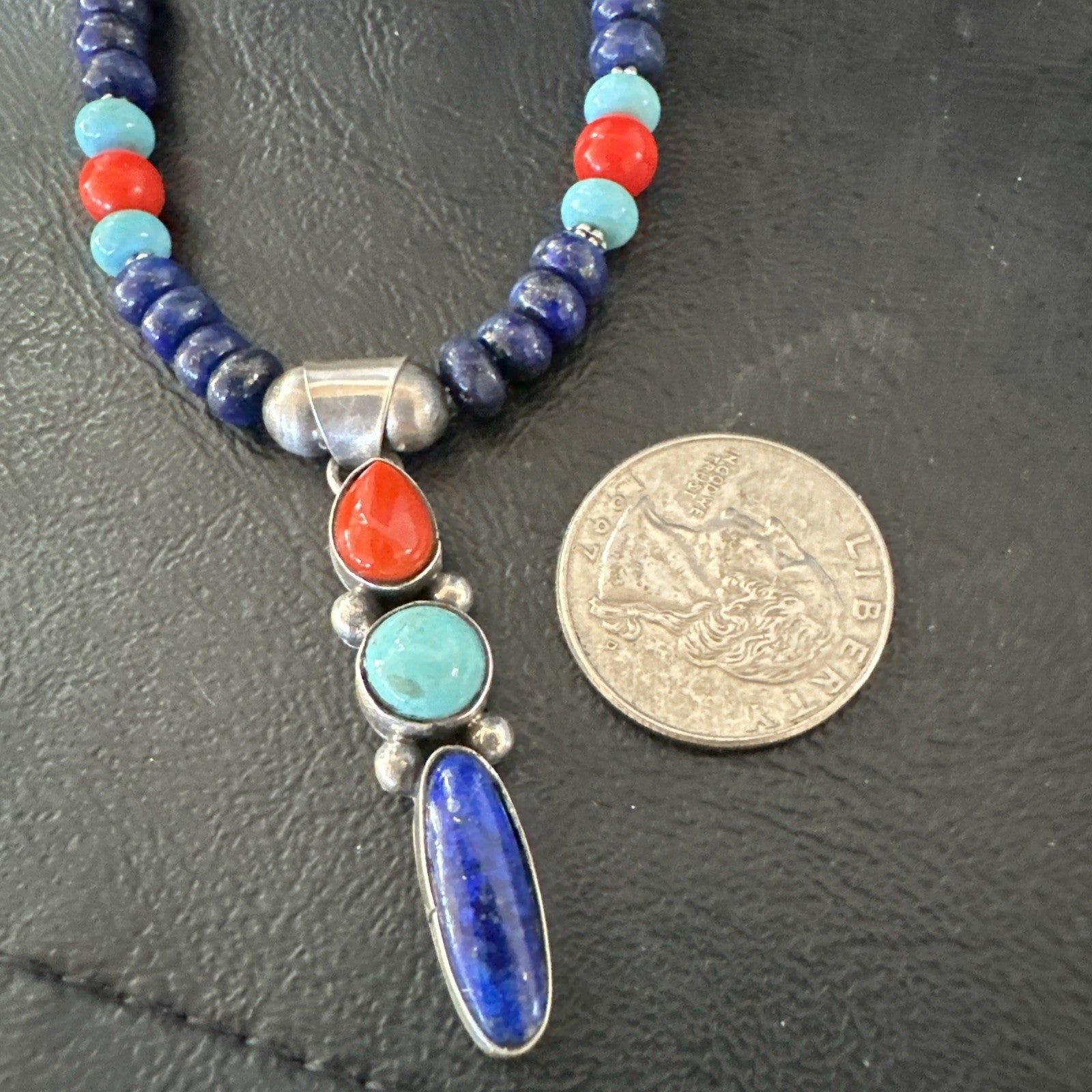 Multicolor Turquoise Spiny Navajo Sterling Silver Cluster Pendant Necklace 19647