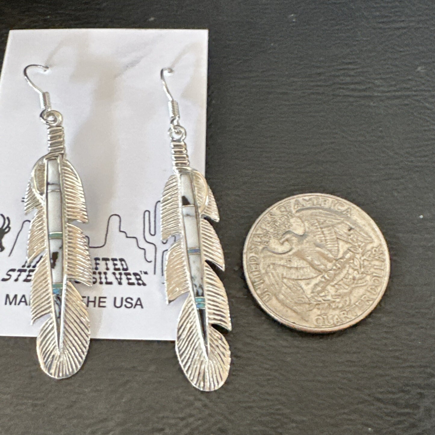 White Buffalo Turquoise Opal Sterling Silver Handmade Feather Earrings 18697