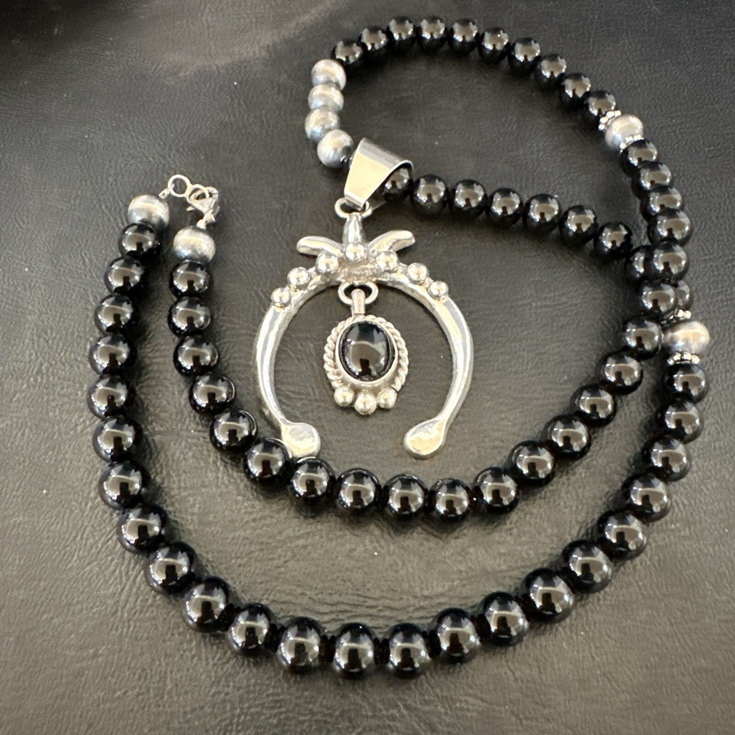 Mens Black Onyx Naja Pendant Navajo Pearls Sterling Silver Necklace 23” 17686