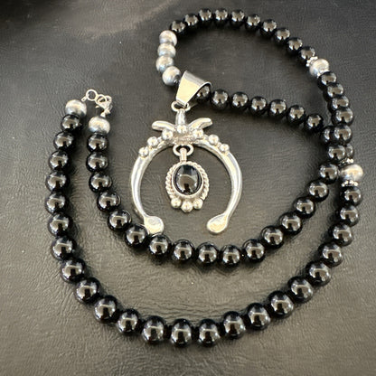 Mens Black Onyx Naja Pendant Navajo Pearls Sterling Silver Necklace 23” 17686