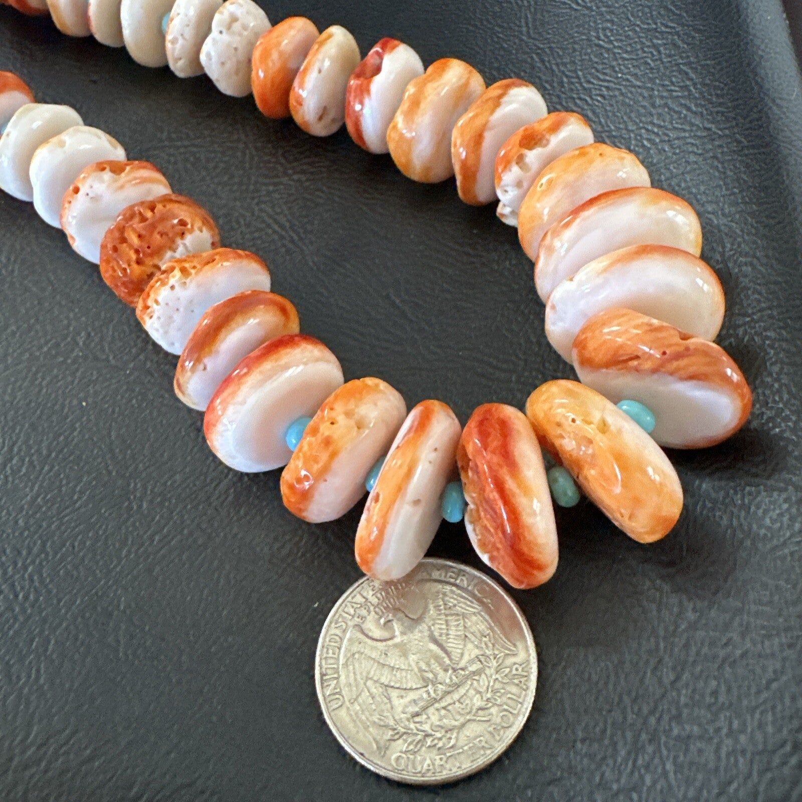 Orange Spiny Oyster Blue Turquoise Navajo Sterling Silver Necklace 23" 18088