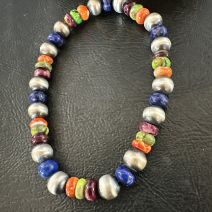 Multicolor Lapis Turquoise Stretch Bead Bracelet Navajo Sterling Silver 17907