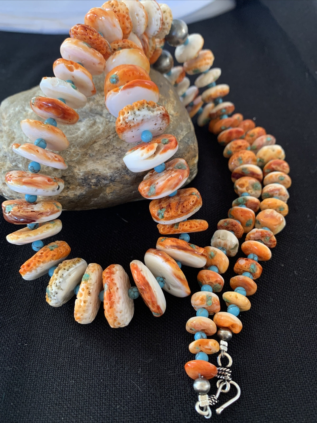 Turquoise & Orange Spiny Oyster Navajo Sterling Silver 28" Necklace 01390