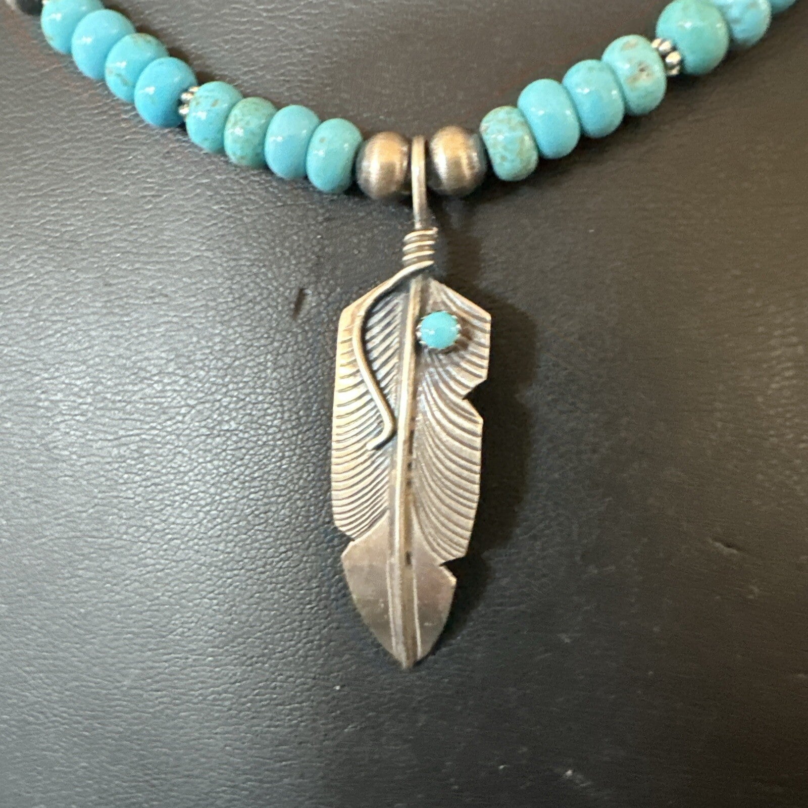 Mens Feather Turquoise Pendant Navajo Sterling Silver Necklace 18060