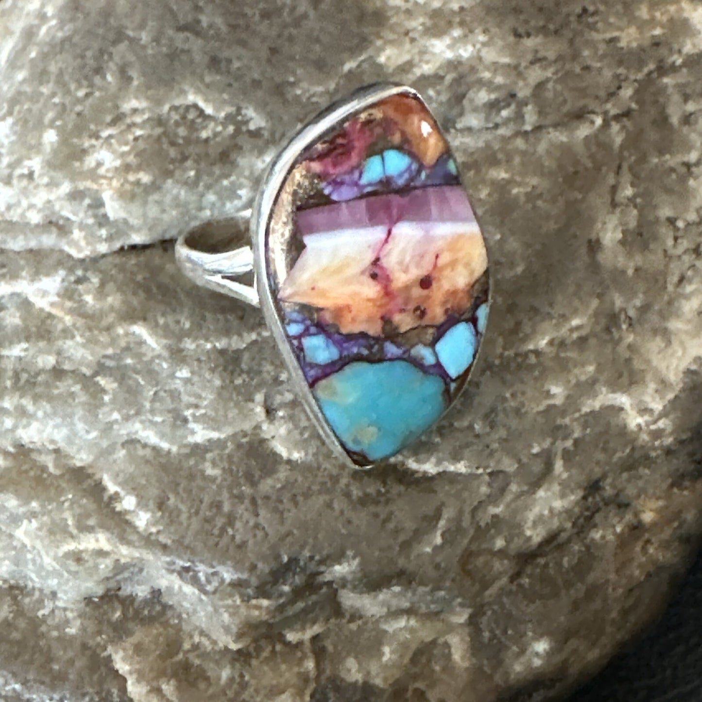 Blue Turquoise Spiny Oyster Southwestern Sterling Silver Ring Size 8 18440