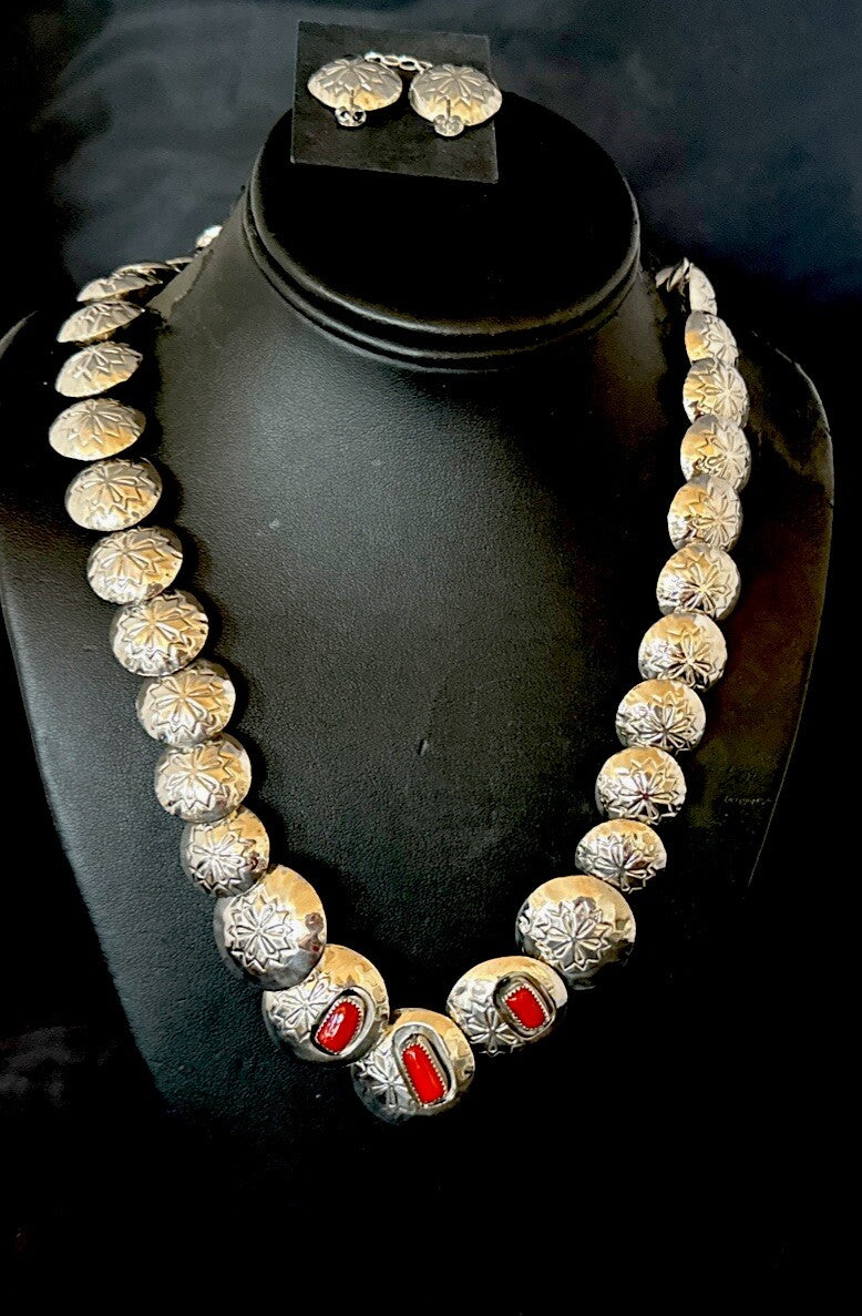 Reversible Coral Turquoise Navajo Sterling Silver Necklace Earrings 24" 17769