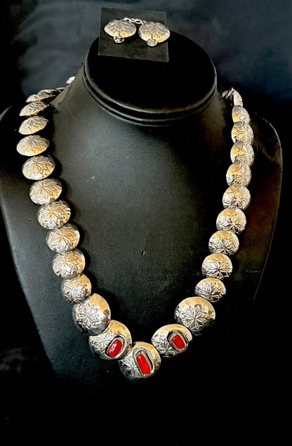 Reversible Coral Turquoise Navajo Sterling Silver Necklace Earrings 24" 17769