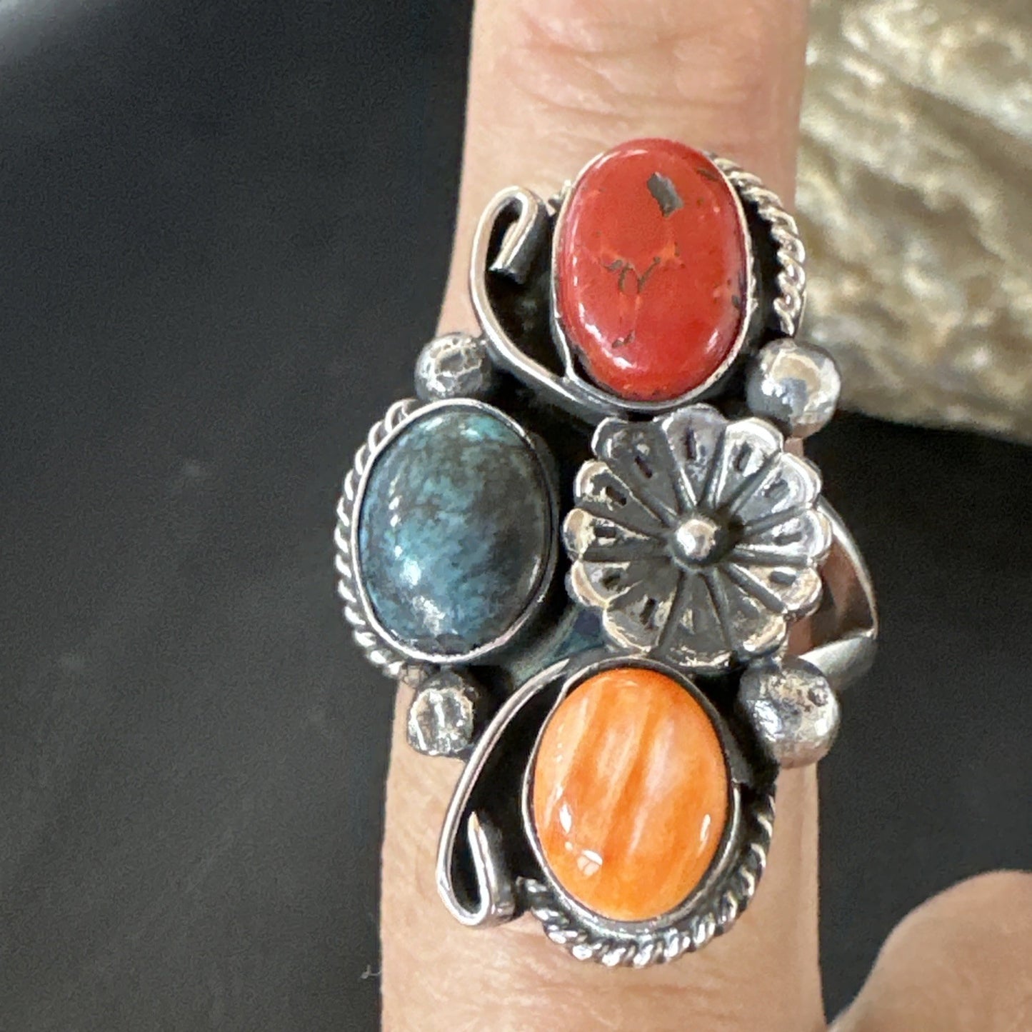 Multicolor Ring Turquoise Coral Spiny Navajo Sterling Silver Cluster Sz 10 19193