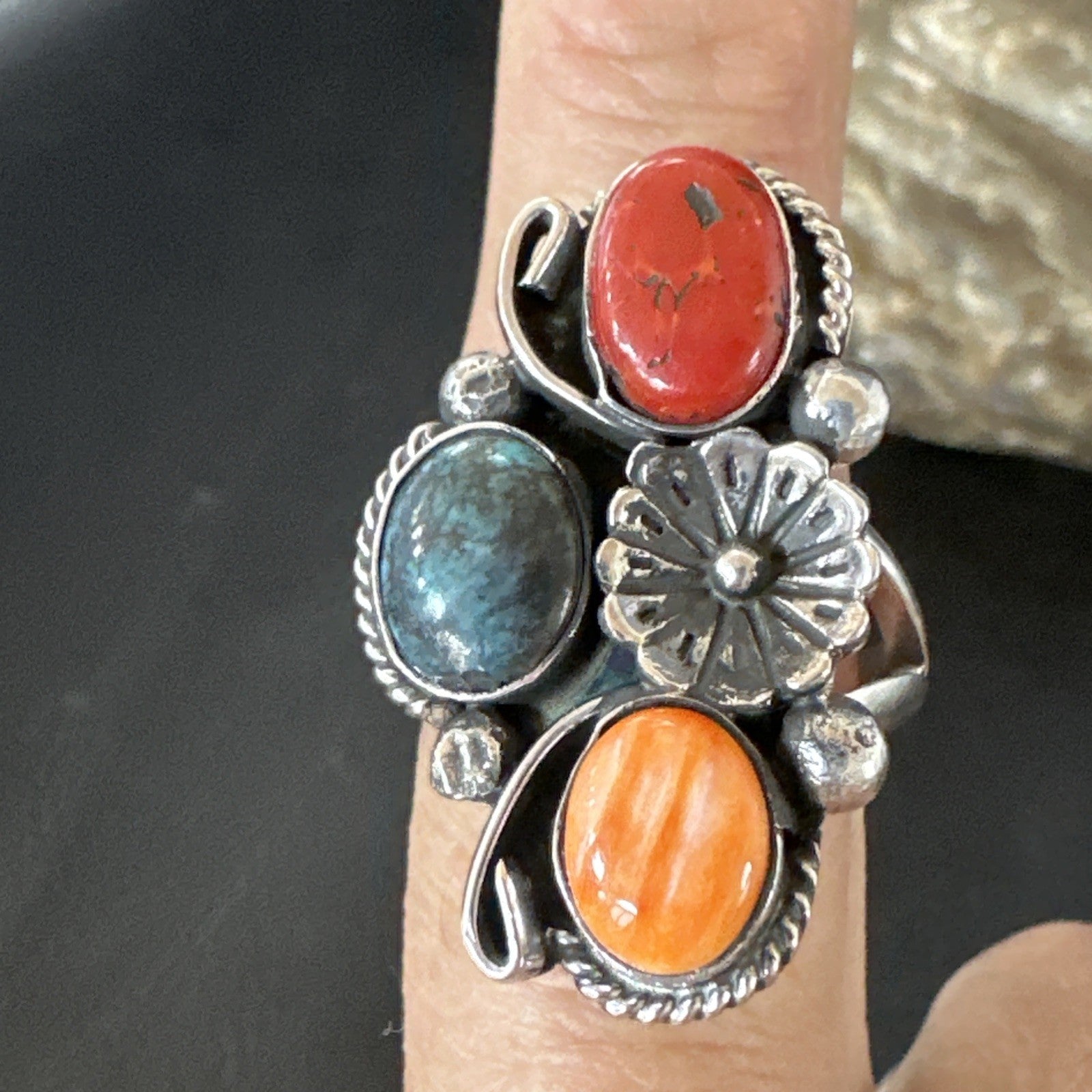 Multicolor Ring Turquoise Coral Spiny Navajo Sterling Silver Cluster Sz 10 19193