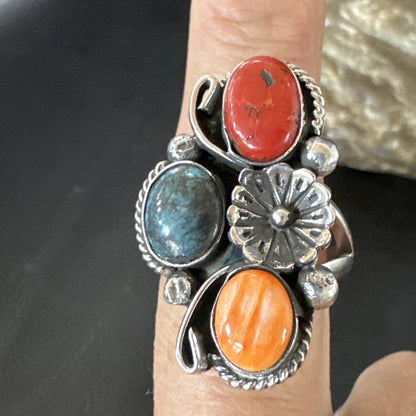 Multicolor Ring Turquoise Coral Spiny Navajo Sterling Silver Cluster Sz 10 19193