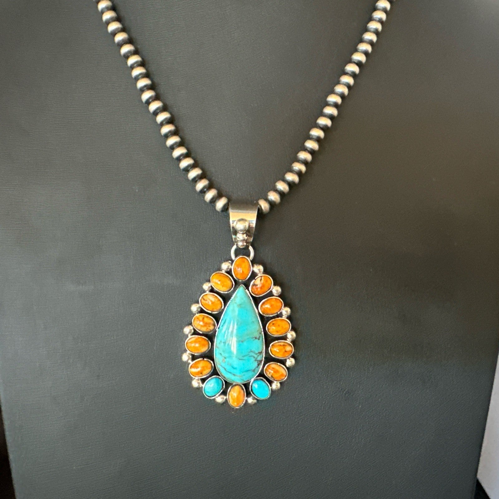 Multicolor Turquoise Spiny Navajo Sterling Silver Cluster Pendant Necklace 19559
