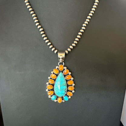 Multicolor Turquoise Spiny Navajo Sterling Silver Cluster Pendant Necklace 19559