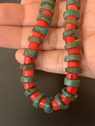 Turquoise & Coral Heishi Bead Navajo Sterling Silver Necklace 21” 04757