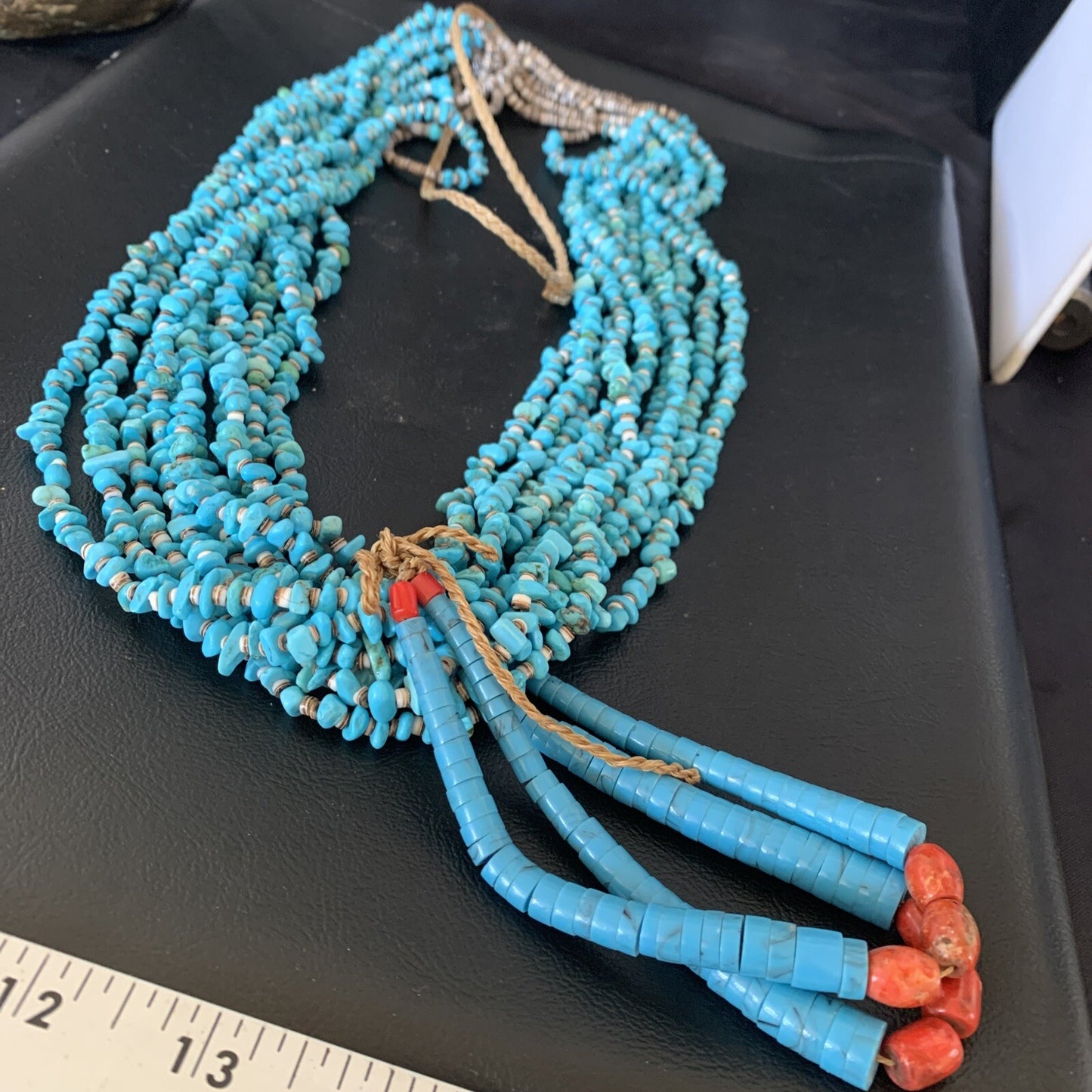 Native American Santo Domingo Blue Turquoise Coral 10S 38in Necklace 19031