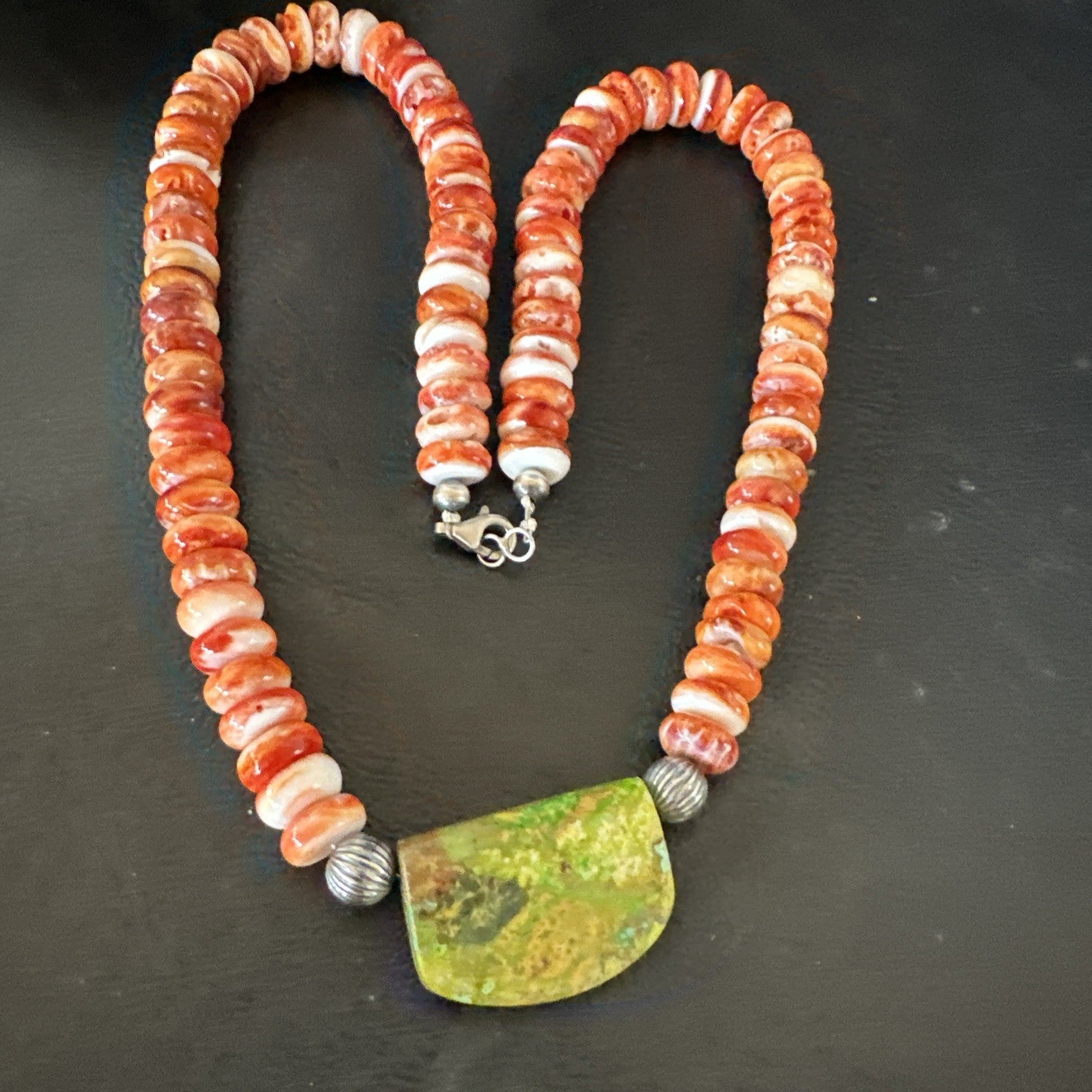 Orange Spiny  Green Turquoise Navajo Sterling Silver Pendant Necklace 20” 19636