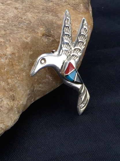 Turquoise & Coral Hummingbird Navajo Sterling Silver Pin 02899