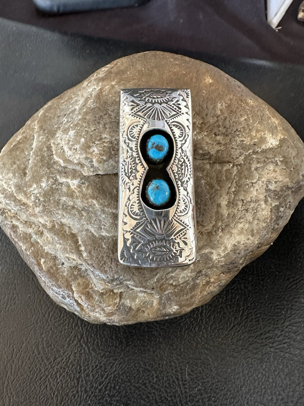 Mens Blue Turquoise Navajo Stainless Stamped Silver Money Clip 19367