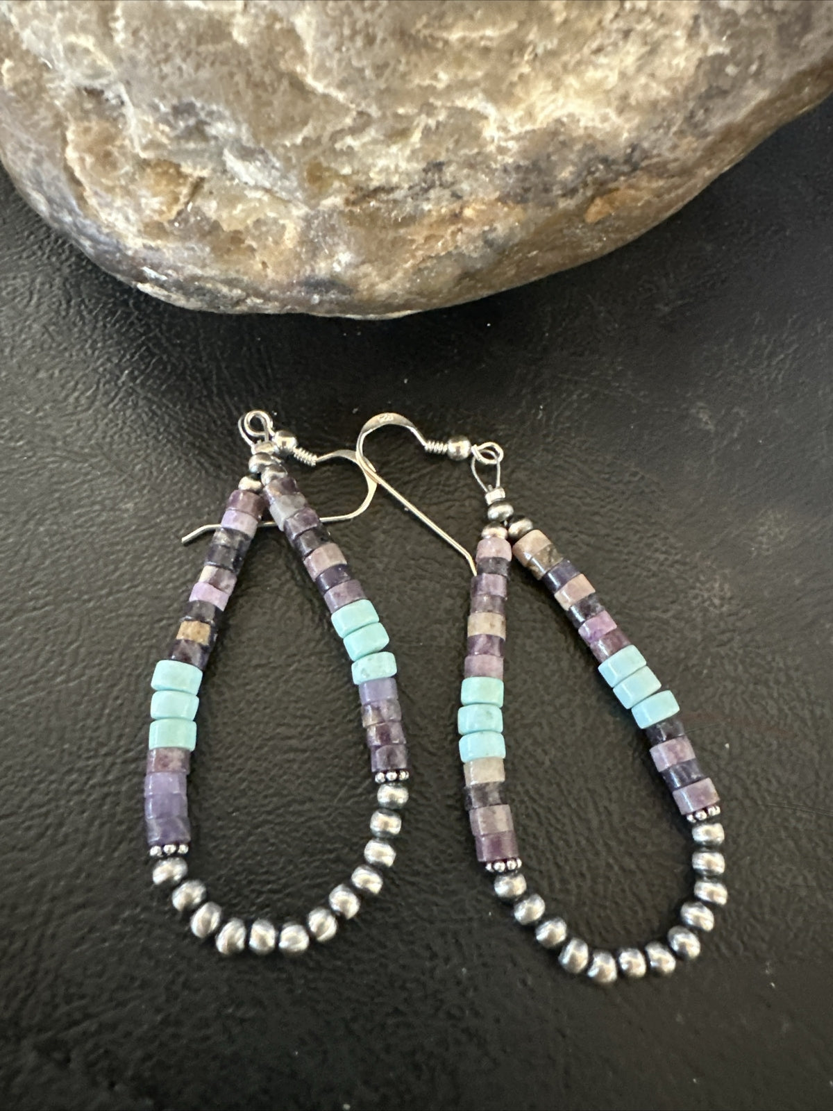 Blue Turquoise Purple Ston Heishi Sterling Silver Navajo Beads Earrings 2" 17838