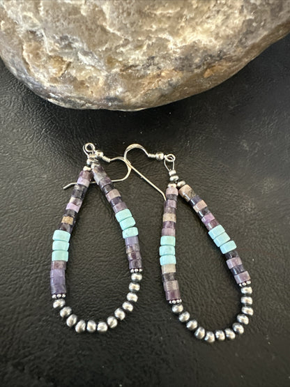 Blue Turquoise Purple Ston Heishi Sterling Silver Navajo Beads Earrings 2" 17838