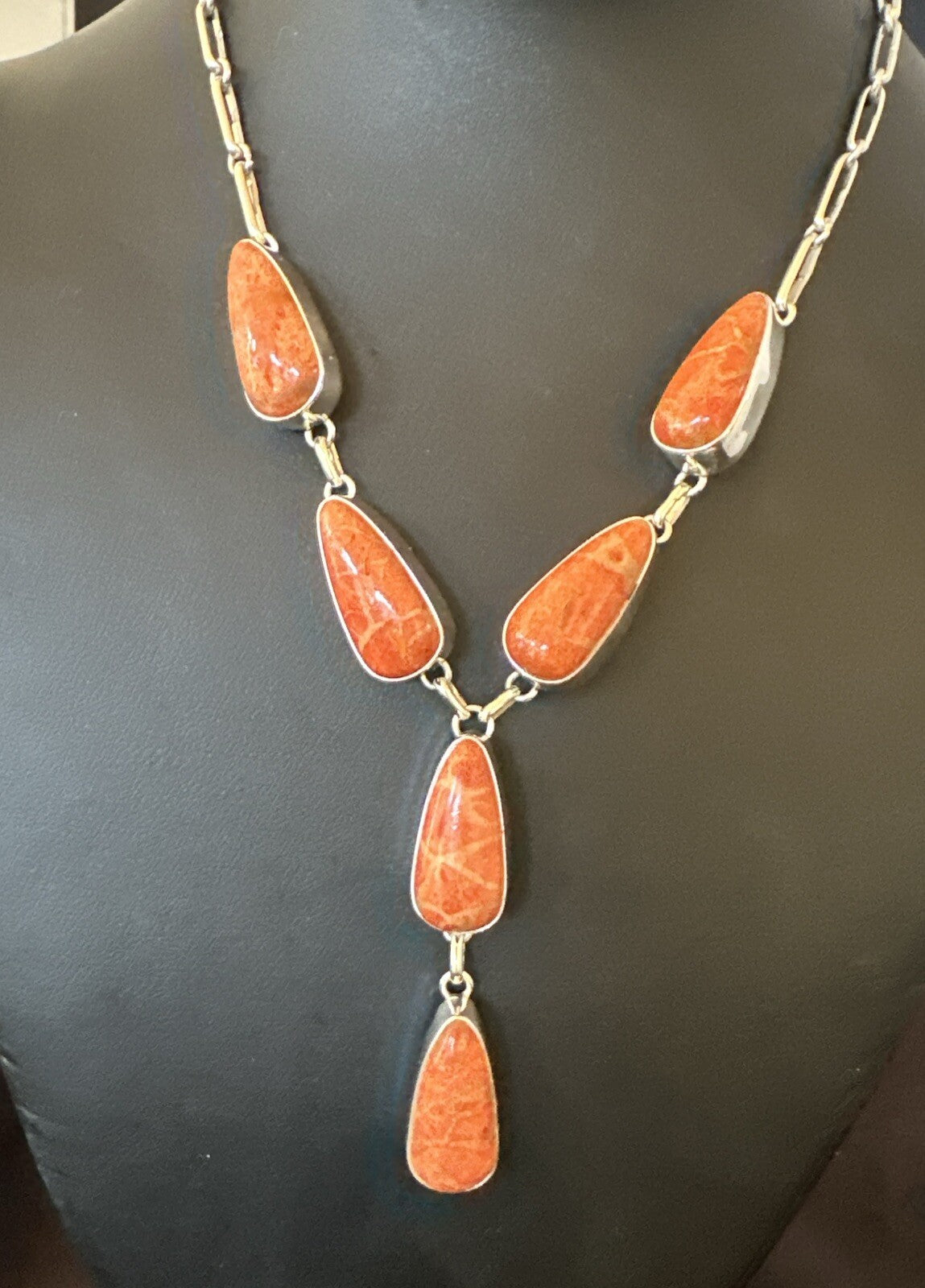 Women Apple Coral Lariat Necklace Pendant Earrings Sterling Silver 16” 18409