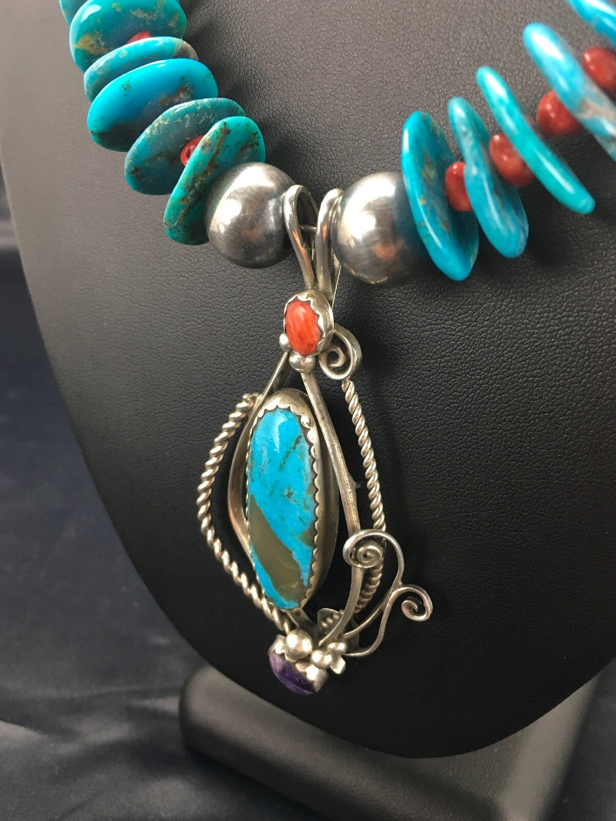 Kingman Turquoise & Spiny Oyster Pendant Navajo Sterling Silver Necklace 02637