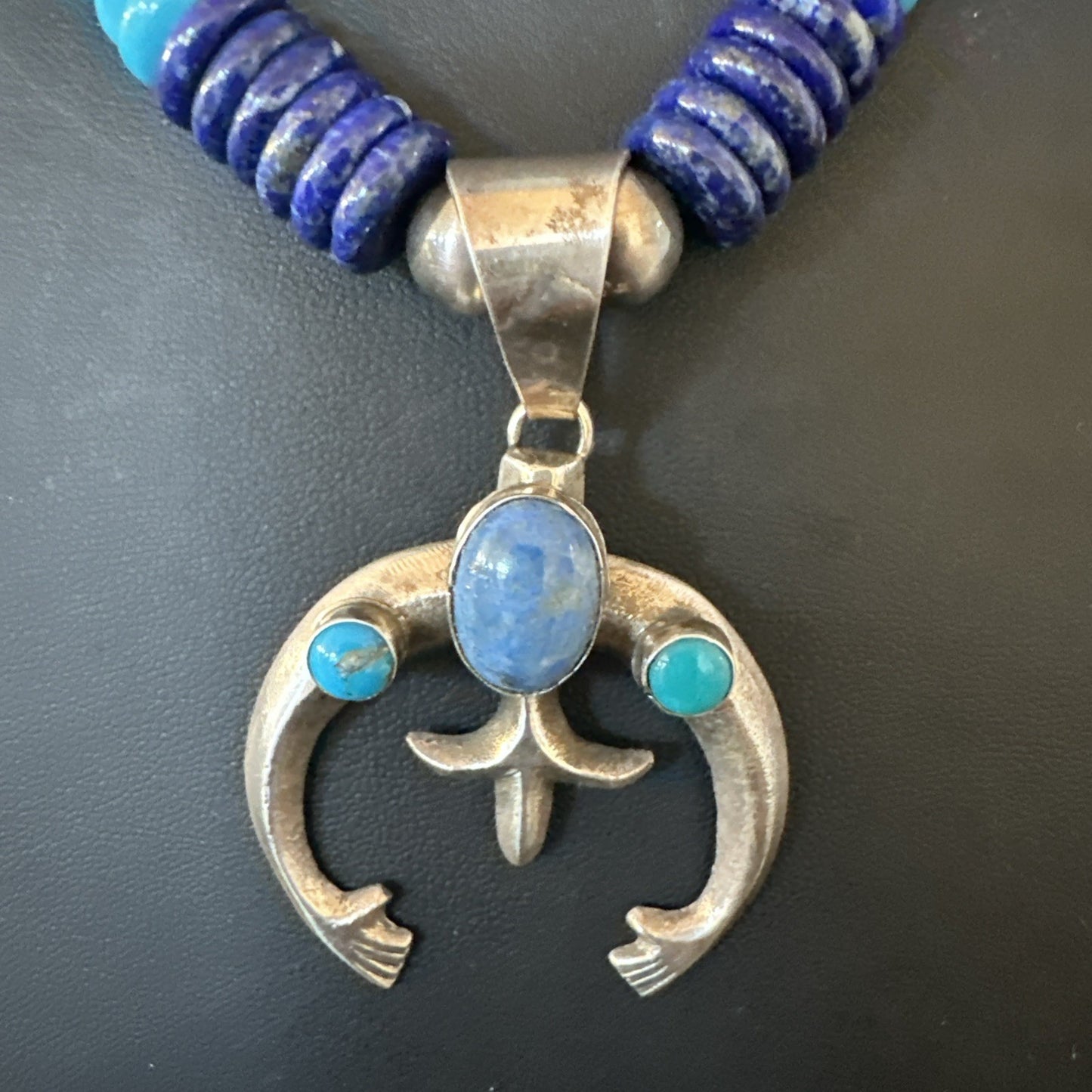 Blue Turquoise Lapis Naja Pendant Navajo 12mm Sterling Silver Necklace 19545