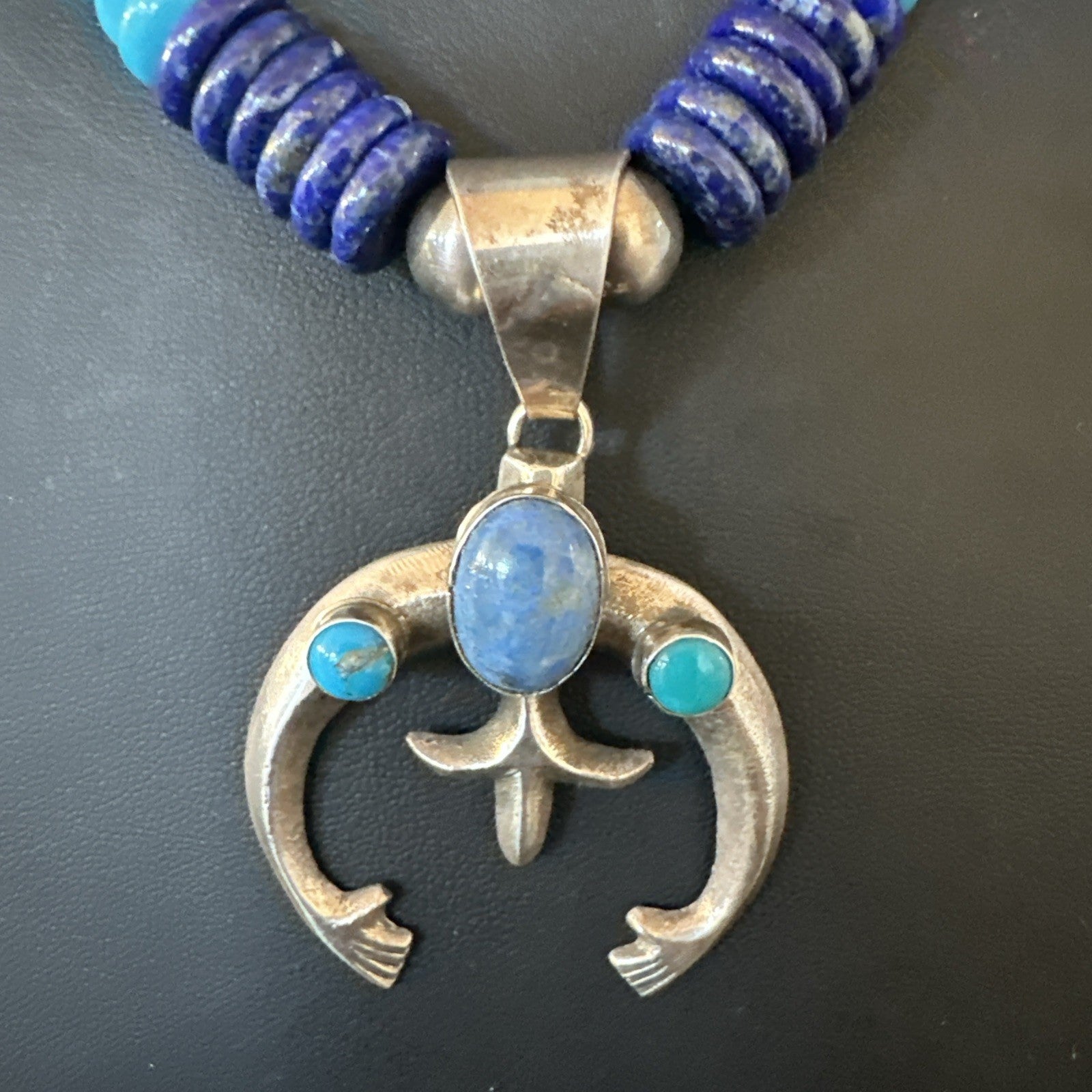 Blue Turquoise Lapis Naja Pendant Navajo 12mm Sterling Silver Necklace 19545