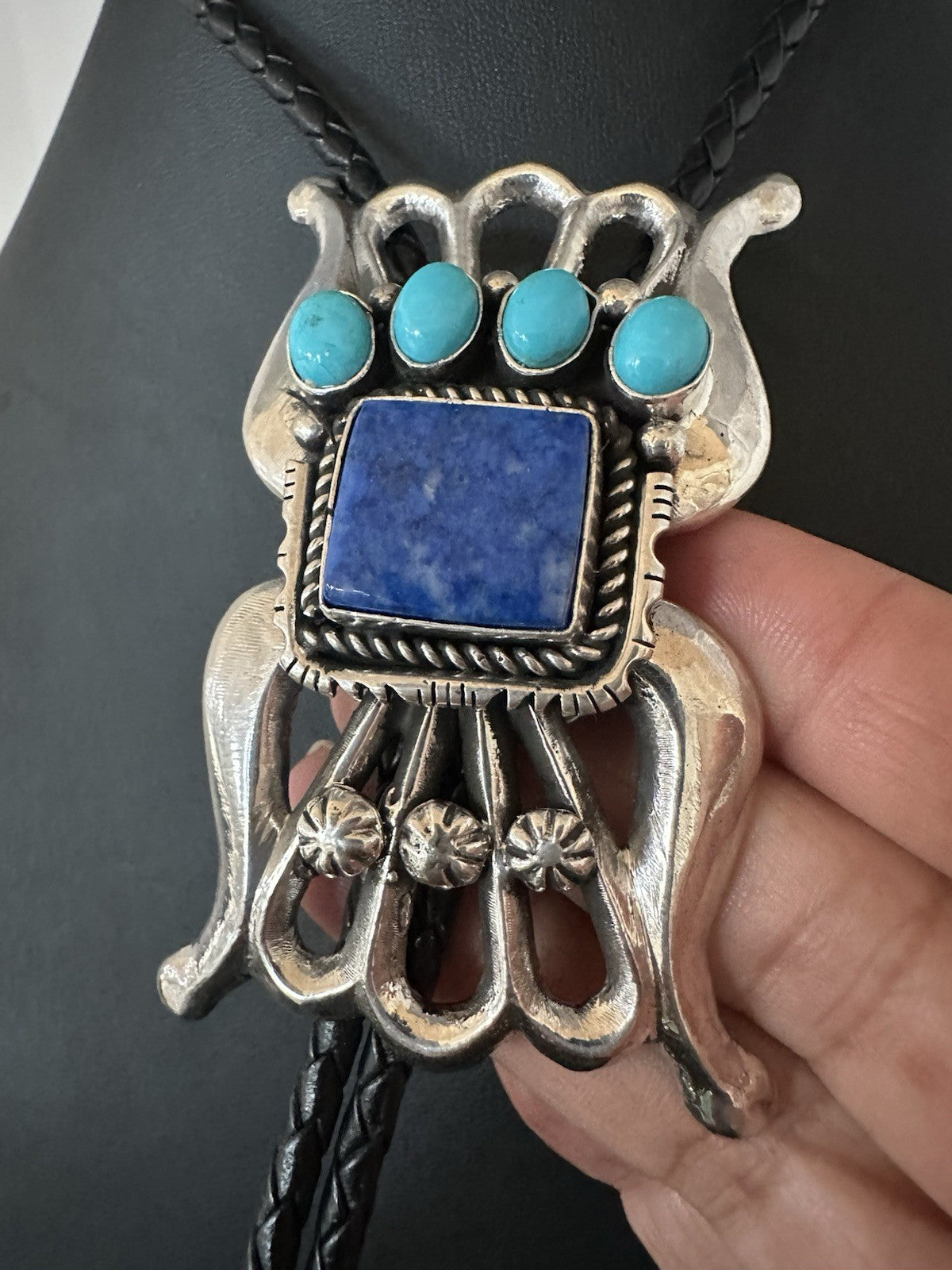 Mens Tufa Blue Lapis Lazuli Turquoise Navajo Sterling Silver Bolo Tie 3” 19472