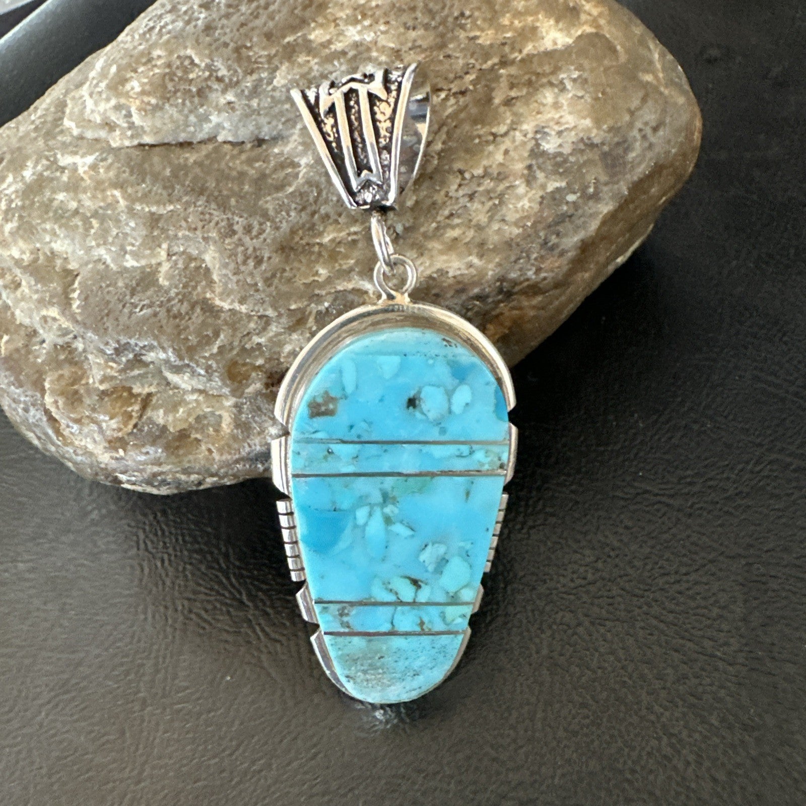 Navajo B E Inlay 925 Sterling Silver Turquoise Pendant Cobblestone 2.5" 19399