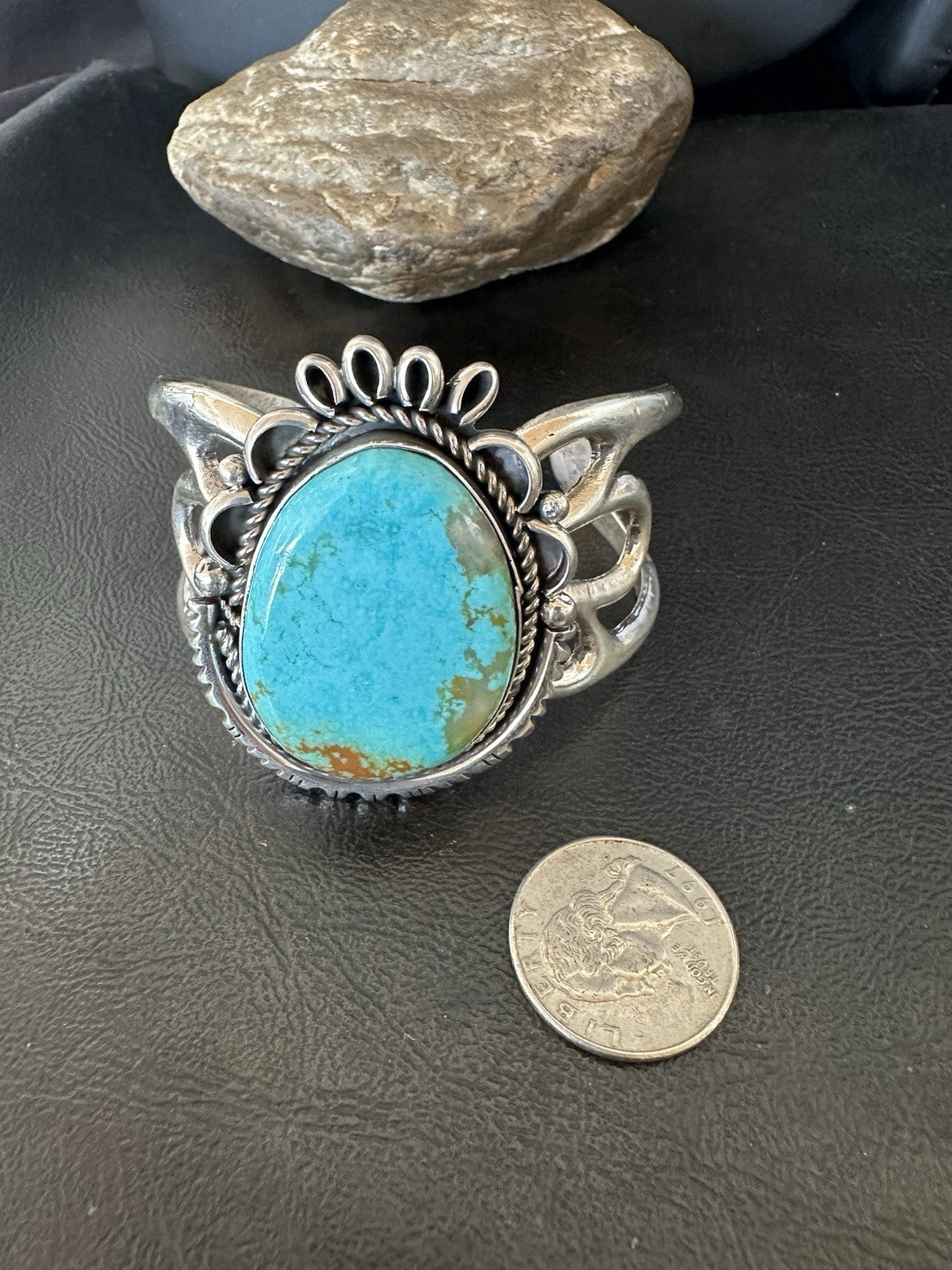 Mens Womens Tufa Blue Turquoise#8 Navajo Sterling Silver Cuff Bracelet 7.7"19450