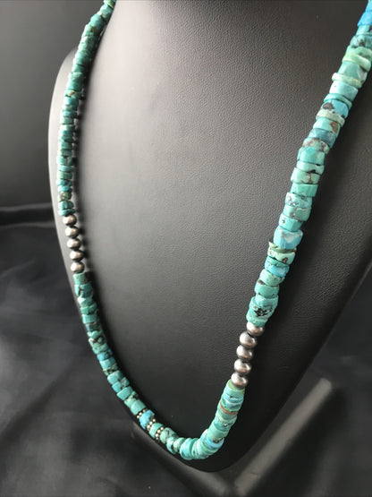 Blue Turquoise 7mm Heishi Bead Navajo Sterling Silver Necklace 1498