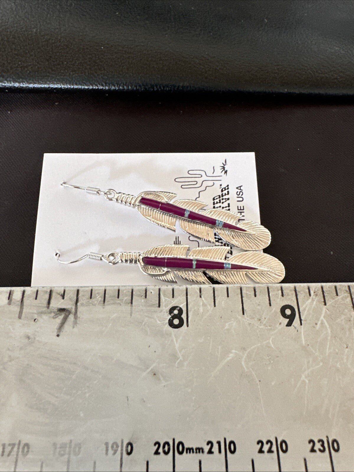 Purple Sugilite Opal Sterling Silver Handmade Inlay Feather Earrings 18694