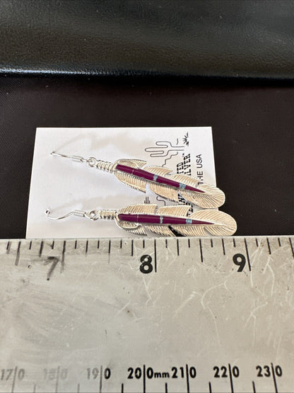 Purple Sugilite Opal Sterling Silver Handmade Inlay Feather Earrings 18694