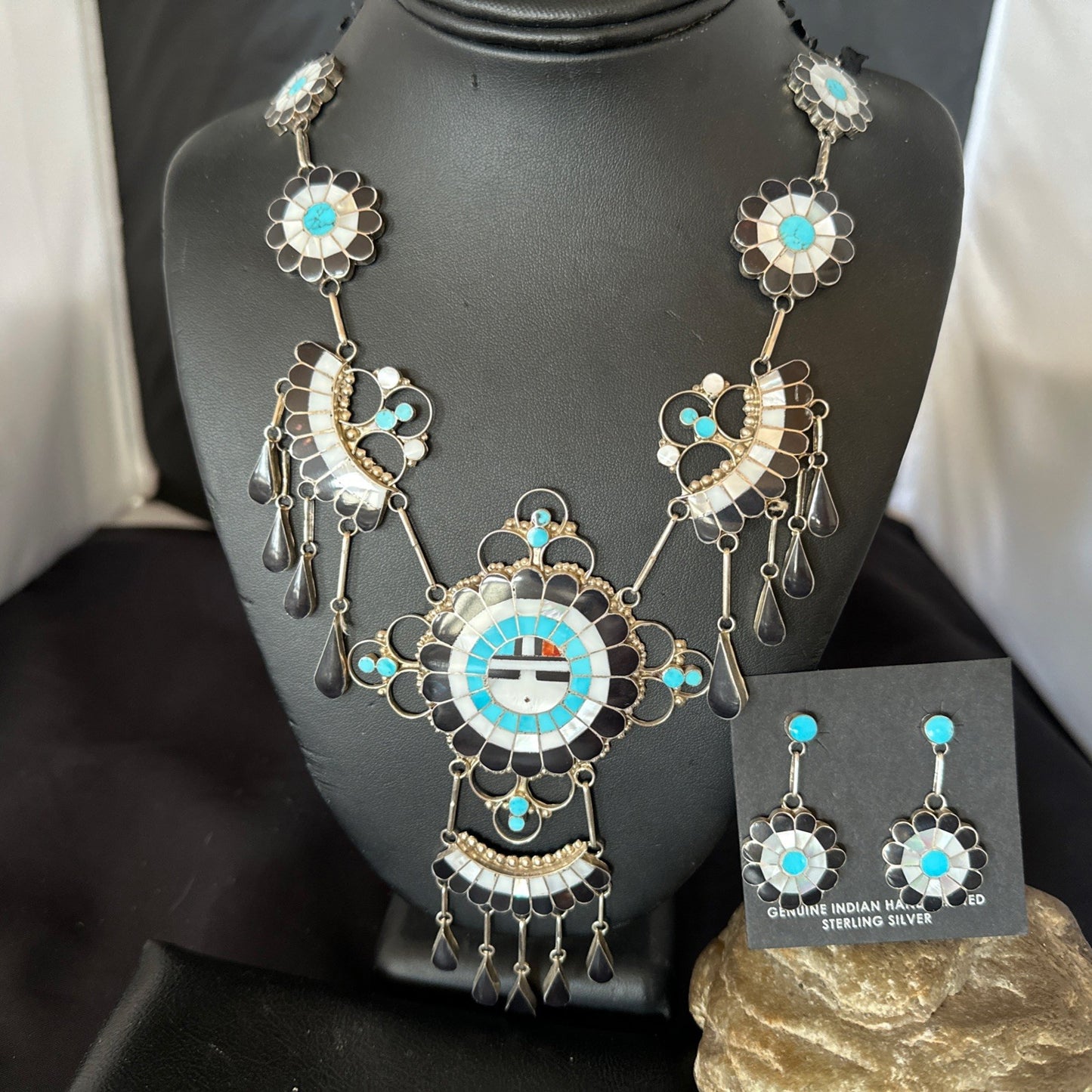 Old Pawn Sunface Turquoise Zuni Sterling Silver Necklace Earrings 19086