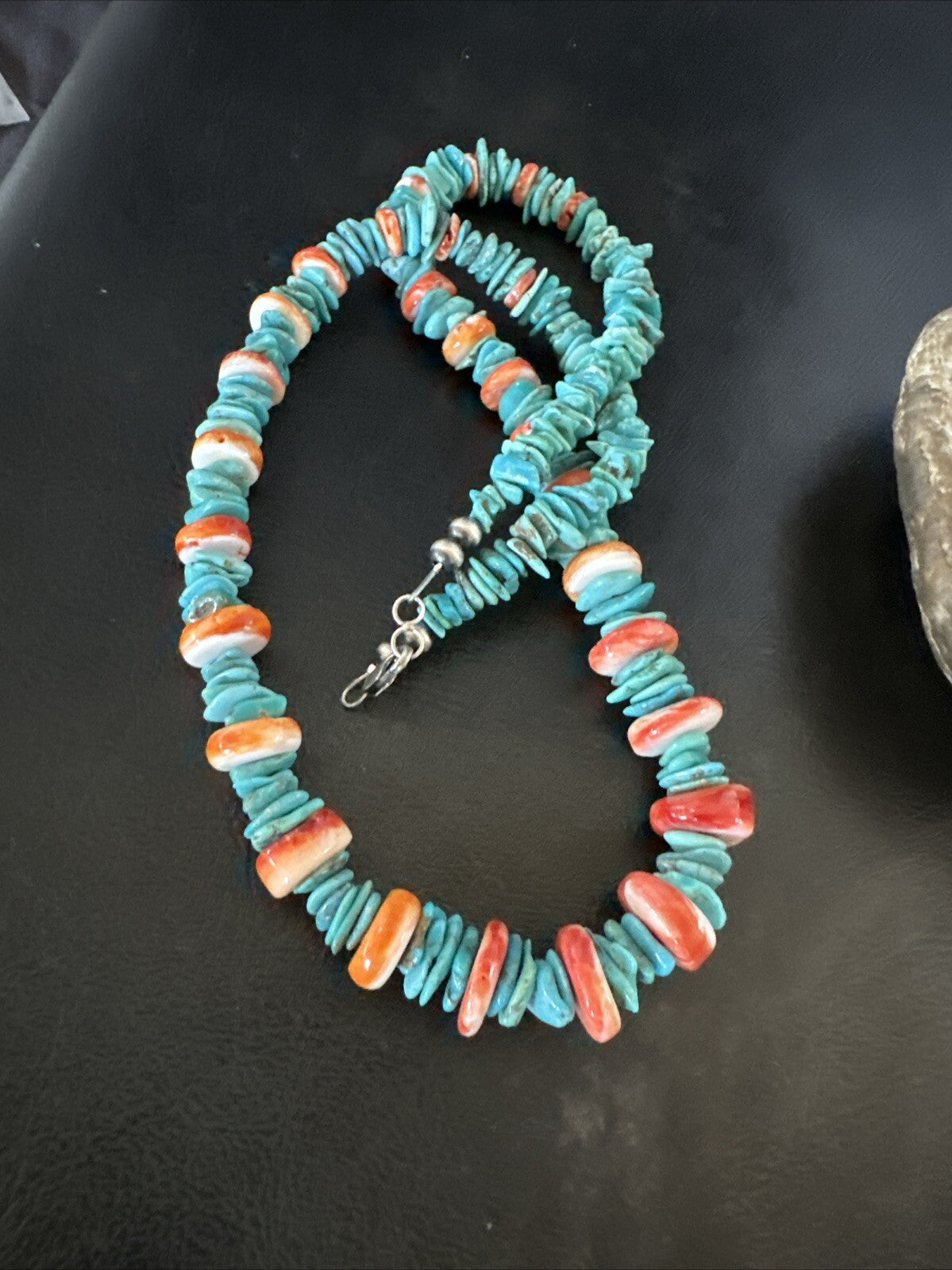 Red Spiny Oyster Blue Turquoise Navajo Sterling Silver Necklace 23" 18267