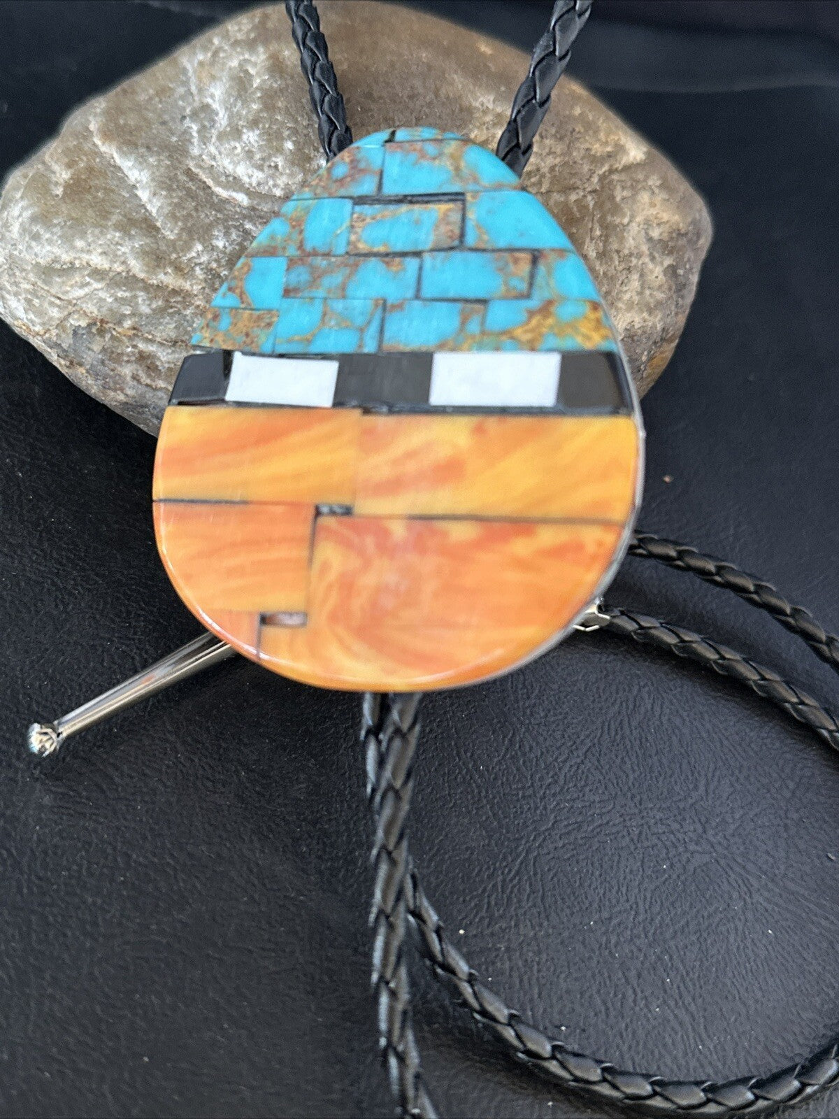 Mens Turquoise Orange Spiny Oyster Sterling Silver Santo Domingo Bolo Tie 14631