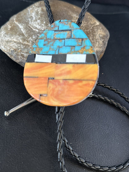 Mens Turquoise Orange Spiny Oyster Sterling Silver Santo Domingo Bolo Tie 14631