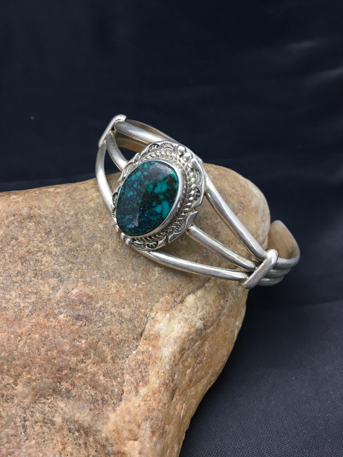 Spider Web Turquoise Navajo Indian Sterling Silver Bracelet 5" 02650