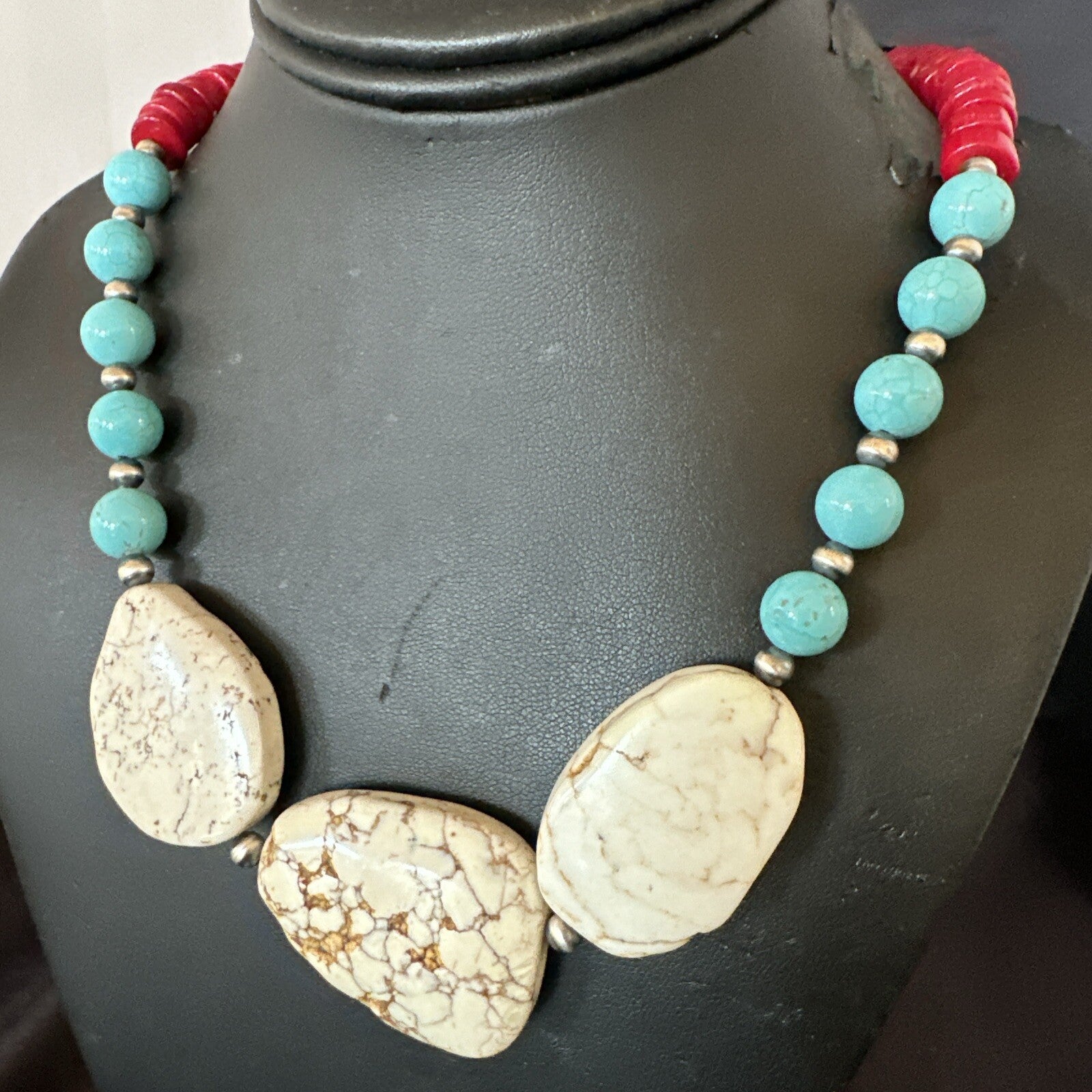 Mens Wild Horse Blue Turquoise Red Coral Navajo Sterling Silver Necklace 17982