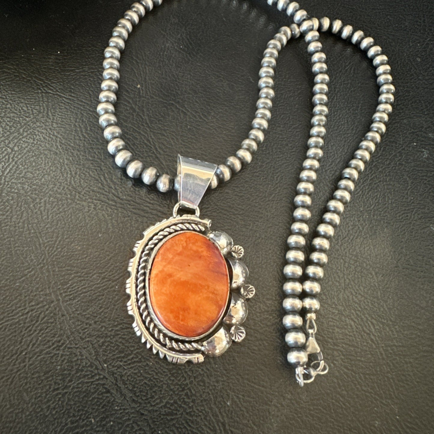 Yazzie Orange Spiny Oyster Pendant Navajo Sterling Silver Necklace 19490